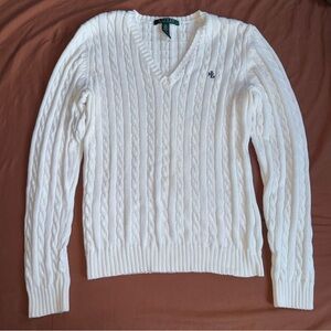 Lauren Ralph Lauren White V-Neck Cable Sweater Women’s XS